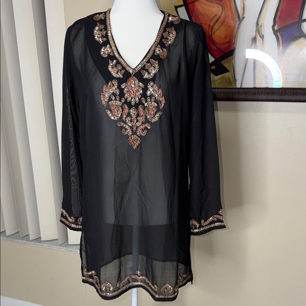 Chic Black Tunic with Gold Embroidery